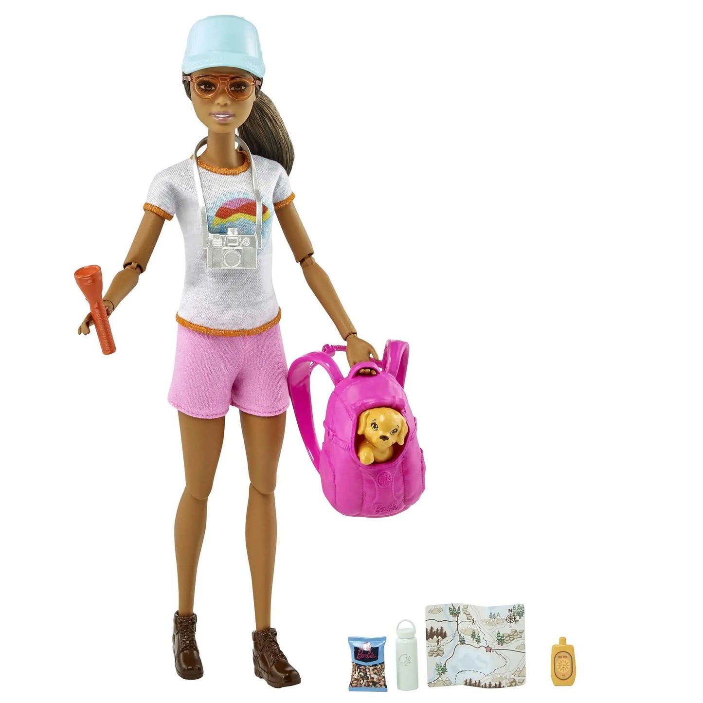 Barbie Self-Care Doll Brunette Posable Hiking Doll with Puppy & Accessories Including Backpack Pet Carrier & Camera