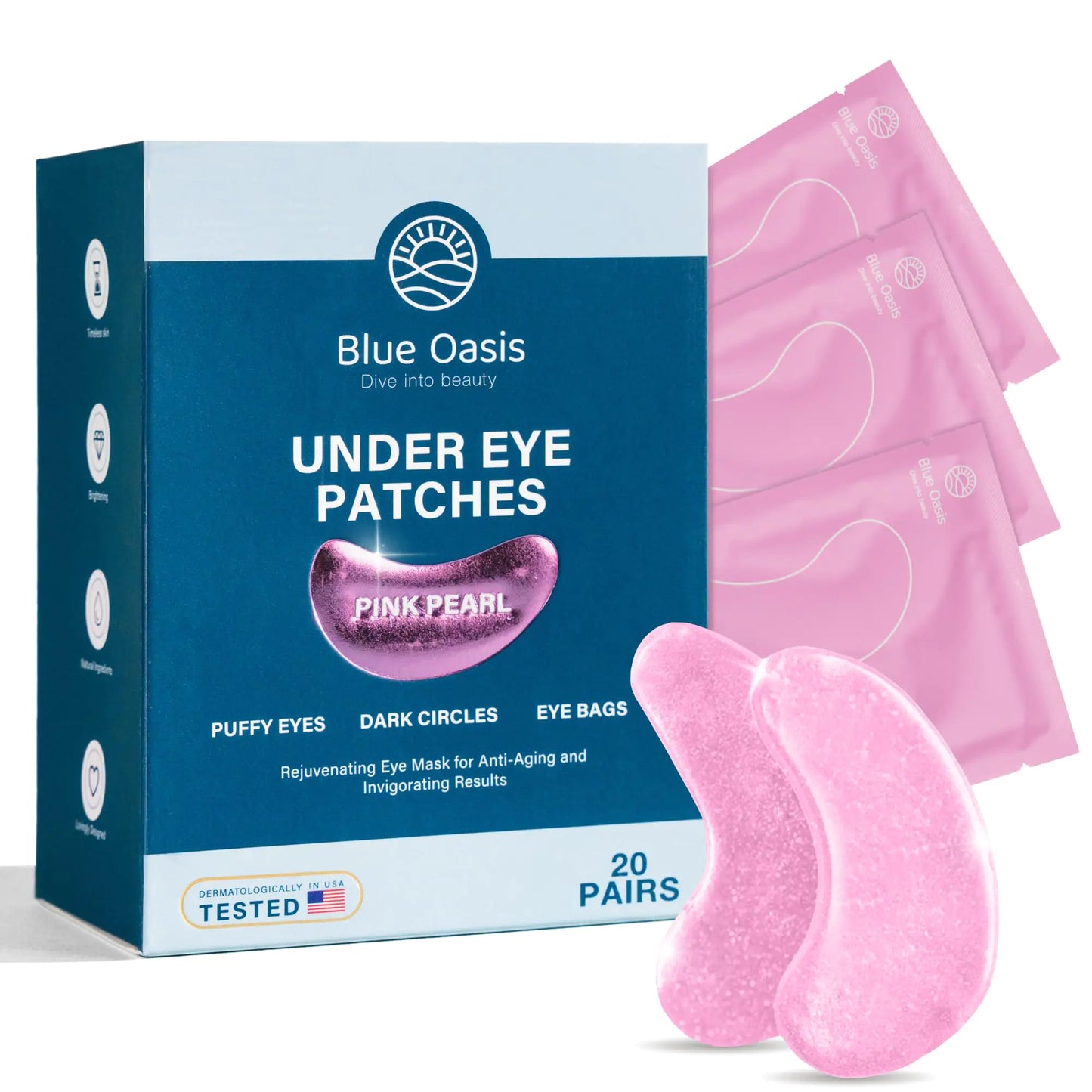Blue Oasis Under Eye Patches for Puffy Eyes and Dark Circles - 20 Pairs Brightening Pink Eye Mask Hyaluronic Acid and Collagen Eye Care Gel Pads Relaxing Self Care and Home Spa Gifts for Women