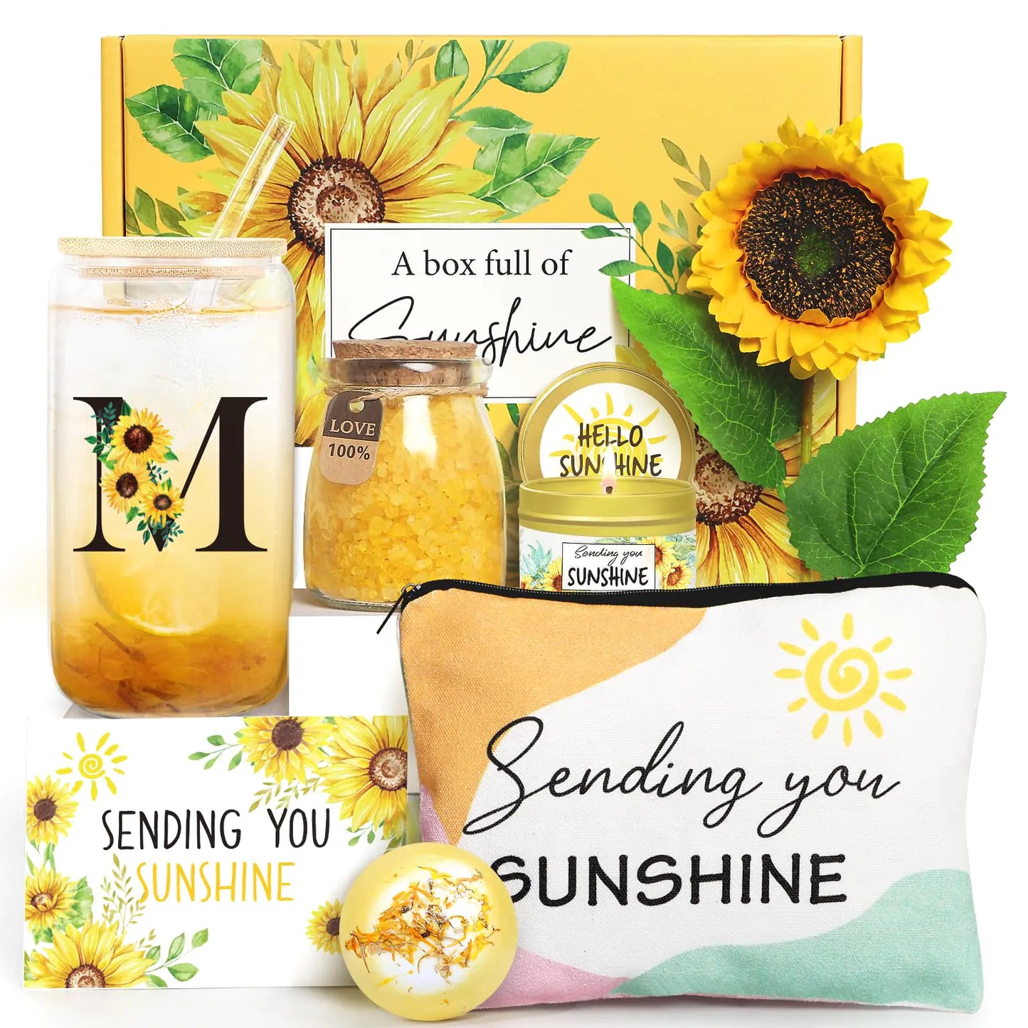 Sunflower Initial Gifts Get Well Soon Gifts Self Care Spa Birthday Gifts for Women Monogrammed Gifts Sunshine Gift Baskets Personalized Gifts M