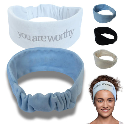 REMINDR Self-Care Spa Headband for Women - Mirror-Readable Affirmations: You Are Worthy - Confidence-Boosting Hairband for Face Washing Skincare Masks and Beauty Routines - Baby Blue